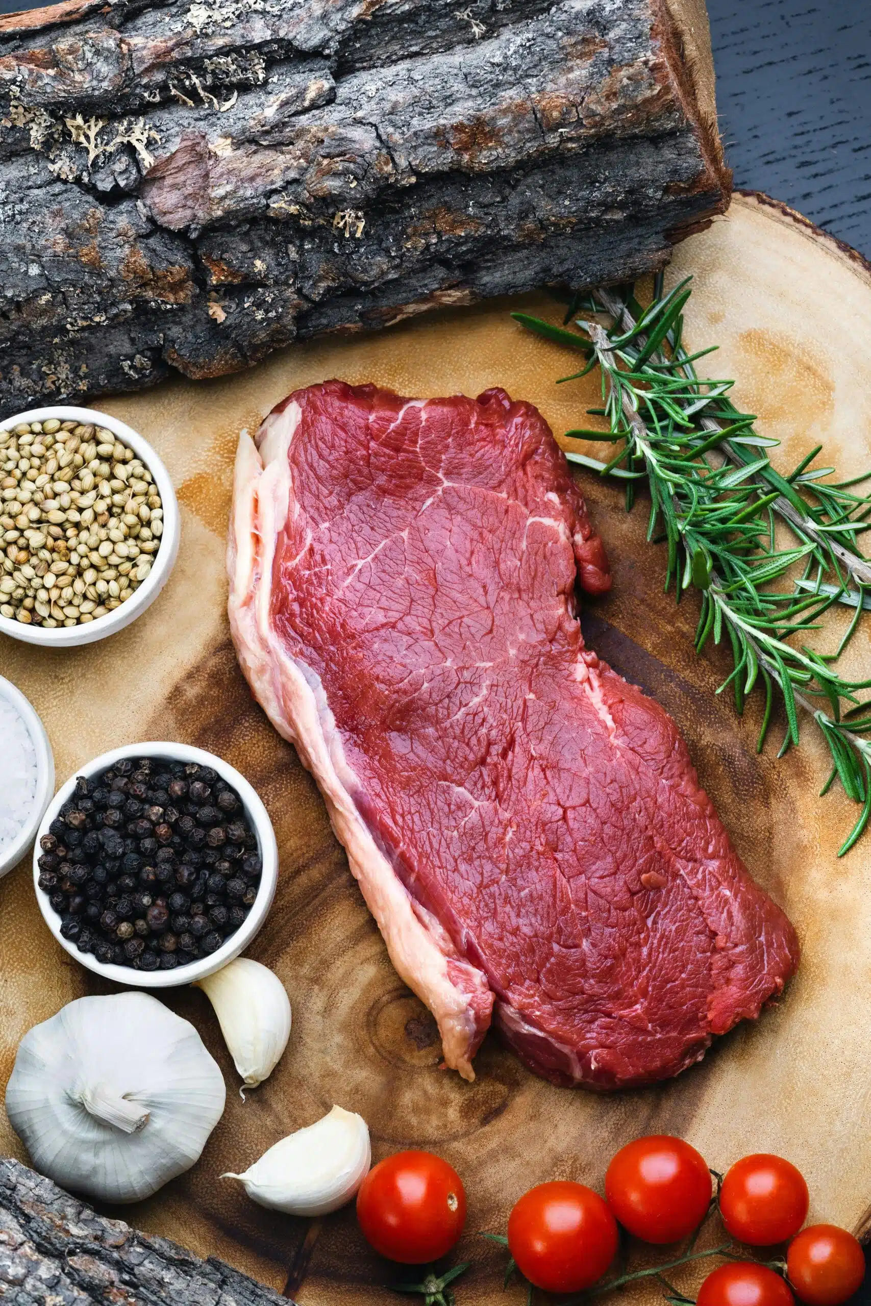 Flat lay of raw beef steak with rosemary, spices, garlic, and tomatoes on wood.