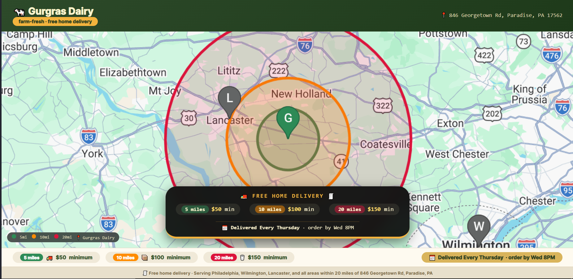 Free Home Delivery zone map - 5 miles $50 min, 10 miles $100 min, 20 miles $150 min